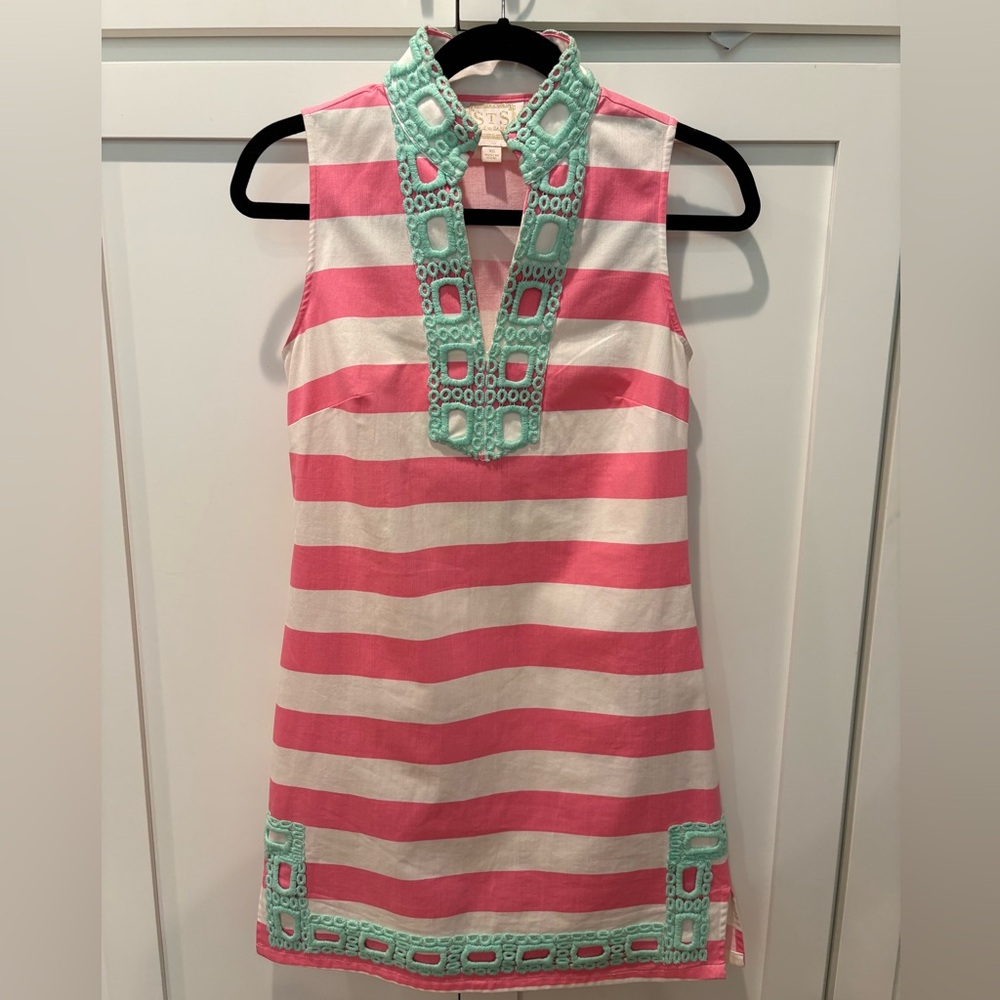 Sail to Sable Pink and White Striped Sleeveless Dress with Mint Trim